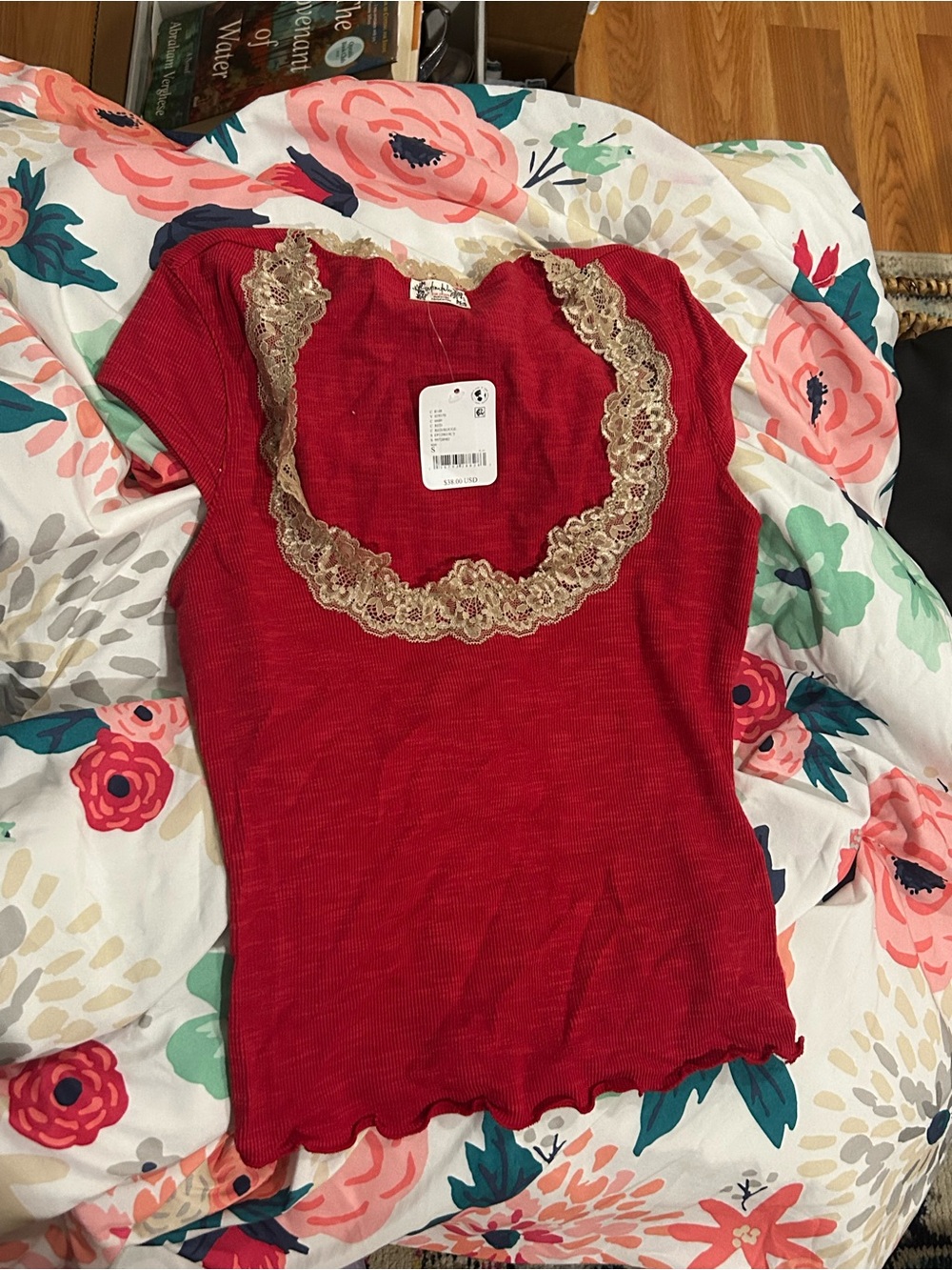 Free People Red Short Sleeve Camisole with Gold Lace Trim